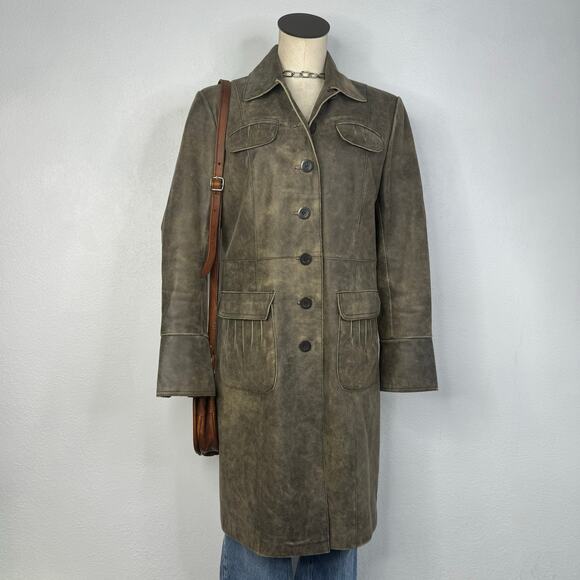 Vintage 90s Distressed Style Leather Trench Coat Button Front Size Medium - Picture 2 of 8